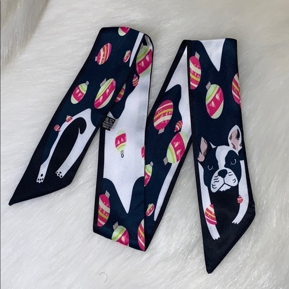 FRENCH BULLDOG BOSTON TERRIER SKINNY SCARF BAG HANDLE WRAP HAIR TIE BANDEAU - Picture 4 of 4